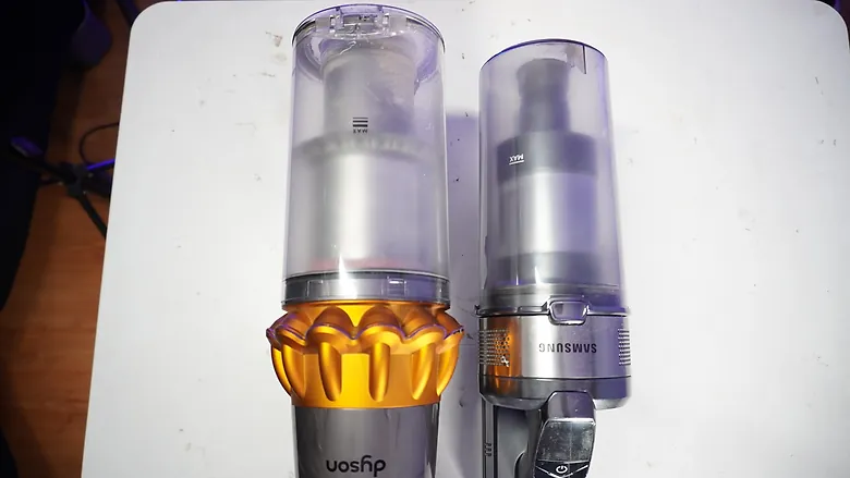 Dyson V15 Detect vs Samsung Jet 75 dustbin comparison