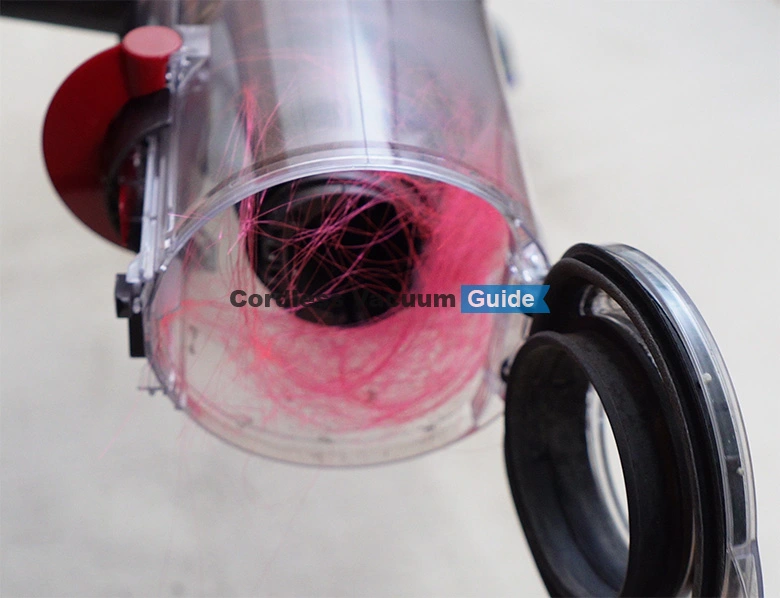 Dyson V9 hair inside dustbin
